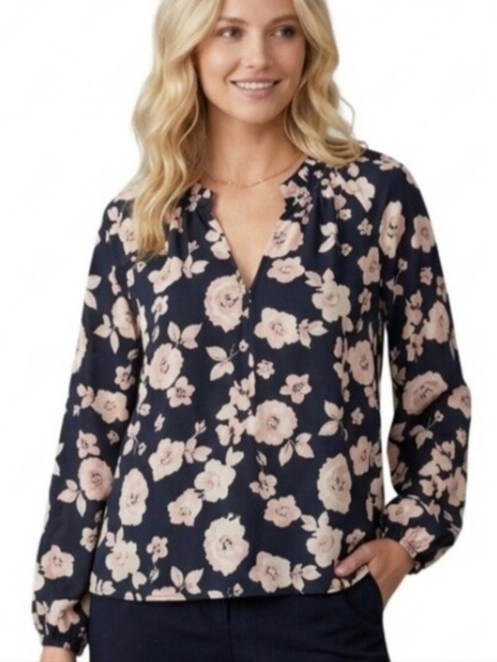 SOCIAL STANDARD Black Pink Floral Split Ruched Neck w/ Tie Long Sleeve Top Sz L